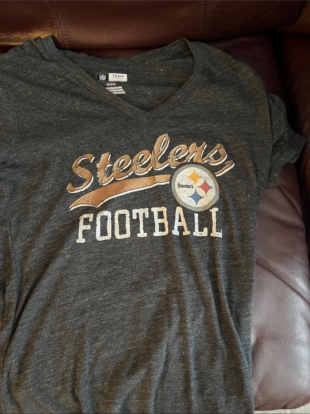 NFL Steelers Women's Charcoal Gray V-Neck Tee with Yellow and Red Logo
